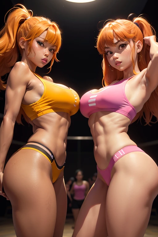 tanned yellow skin chinitas . big mouth wide open thin black lips separated .black eyes . straight orange hair .muscular body thin waist pronounced big buttocks big breasts .tight short pink side open gym clothes two pieces lying on top of each other