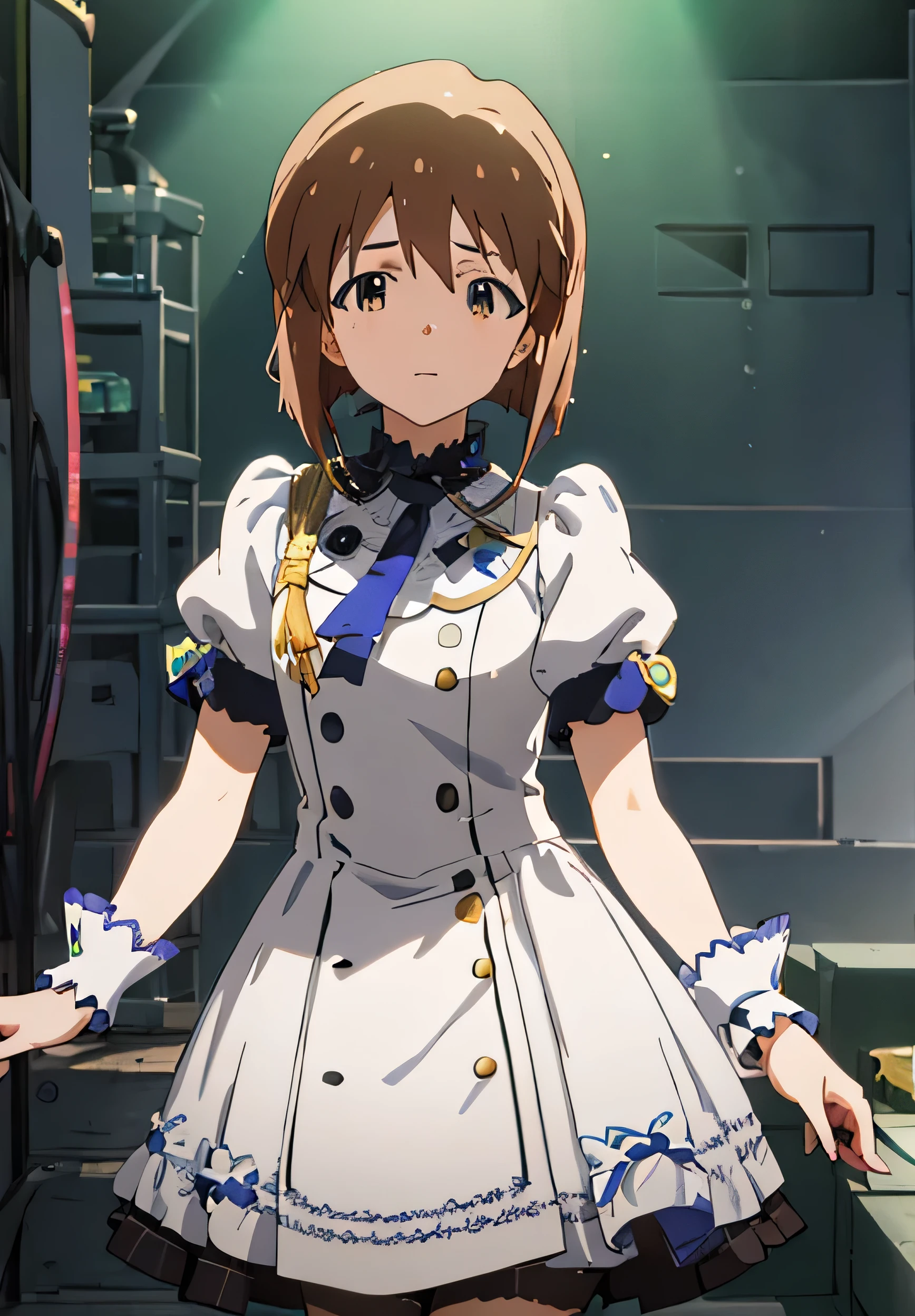 1 woman, brown hair, short hair, idolmaster hagiwara yukiho, girl, hagiwara yukiho, white idol style dress, cowboy shot, looking at viewer, in idol stage, shiny, multi color gradient, lovley, deep digital painting layer, soft ambient lighting,vivid colors, idolmaster stalit season yukiho, Super cute, very beautiful, beautiful background, Very detailed