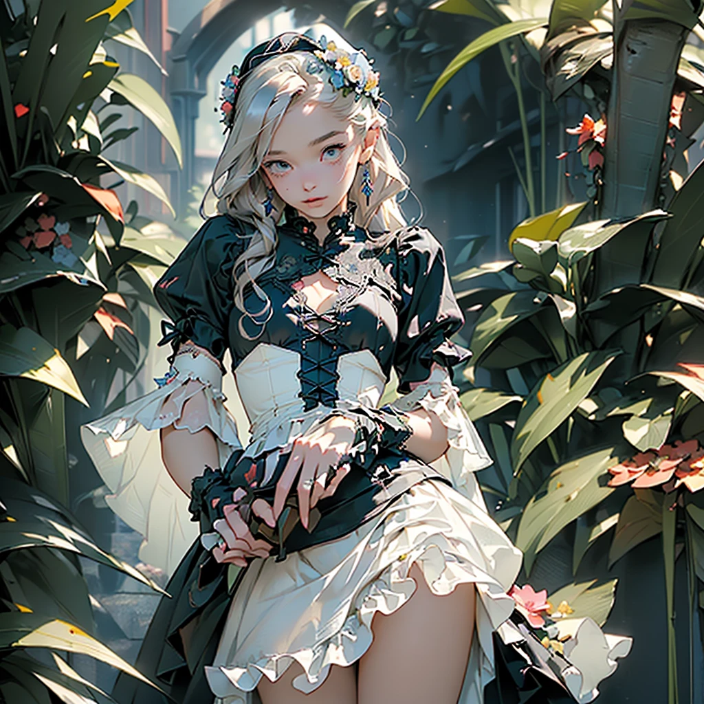 (((Masterpiece, Highest Quality, Very Detailed))), (visual novel or animated character) (((( Hand Held Fresh Bouquet )))), Edwardian/Victorian inspired, (( Flowing lace flared skirt with ruffled petticoat wearing a detailed blue and white dress embellished with flowers, sleeves with bubble sleeves, the skirt is layered, and on her head is a hat also adorned withflowers.)), (((( face is richly detailed))), (((()))), very long eyelashes, small breasts, (((flat chest:1.1))), mysterious aesthetic, ( The character's costume and the presence of flowers suggests a fantasy or romantic theme, an element of visual fiction ), (with a hood), standing in a slightly open pose, with soft and diffused lighting Complex lace-up boots
