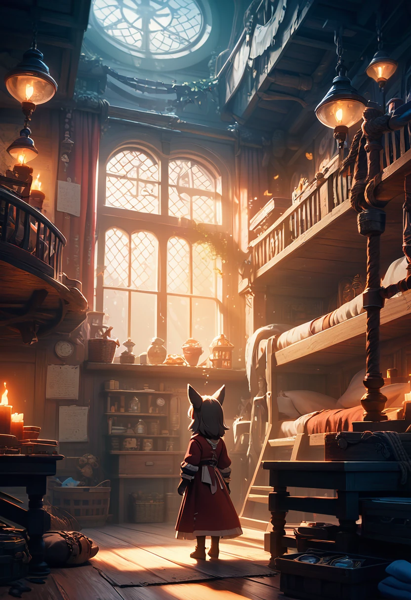 cover page, highres, top quality, best quality, paid reward available, unparalleled masterpiece, perfect artwork, absurdres, High-quality illustrations, super high resolution, detailed background, perfect anatomy(kemono, furry anthro, boy, girl)Hospitals with power outages, Spooky creatures, Pirate Ship, a pirate, good lighting, cinematic shadow,