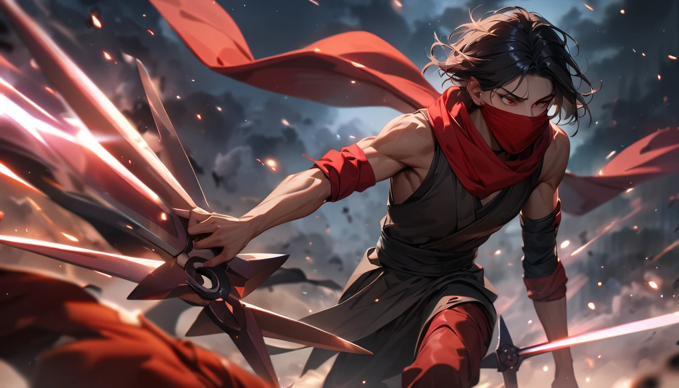Super detailed, ultra hd, 8k, best quality, masterpiece, man, skinny body, black hair, comma hair, red eyes, perfect face, red scarf covered mouth, fighter cloth, holding big shuriken, shinobi war, bloodlust, intense situation, dark sky, realistic light