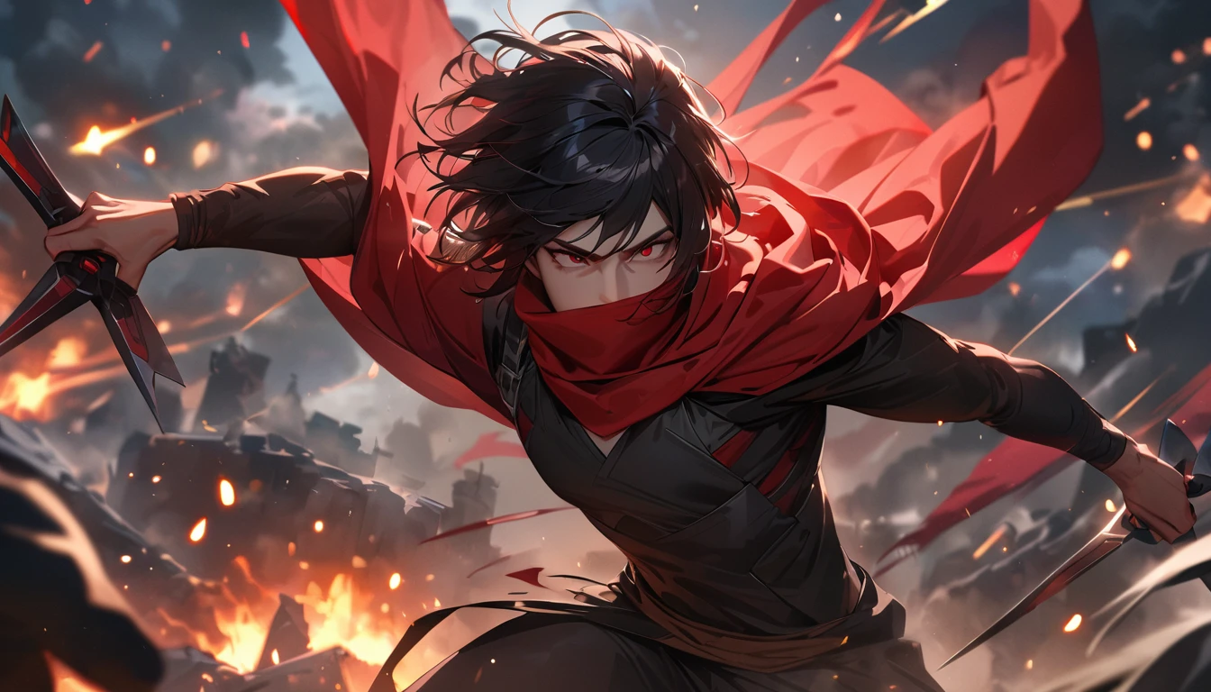 Super detailed, ultra hd, 8k, best quality, masterpiece, man, skinny body, black hair, comma hair, red eyes, perfect face, red scarf covered mouth, fighter cloth, holding big shuriken, shinobi war, bloodlust, intense situation, dark sky, realistic light