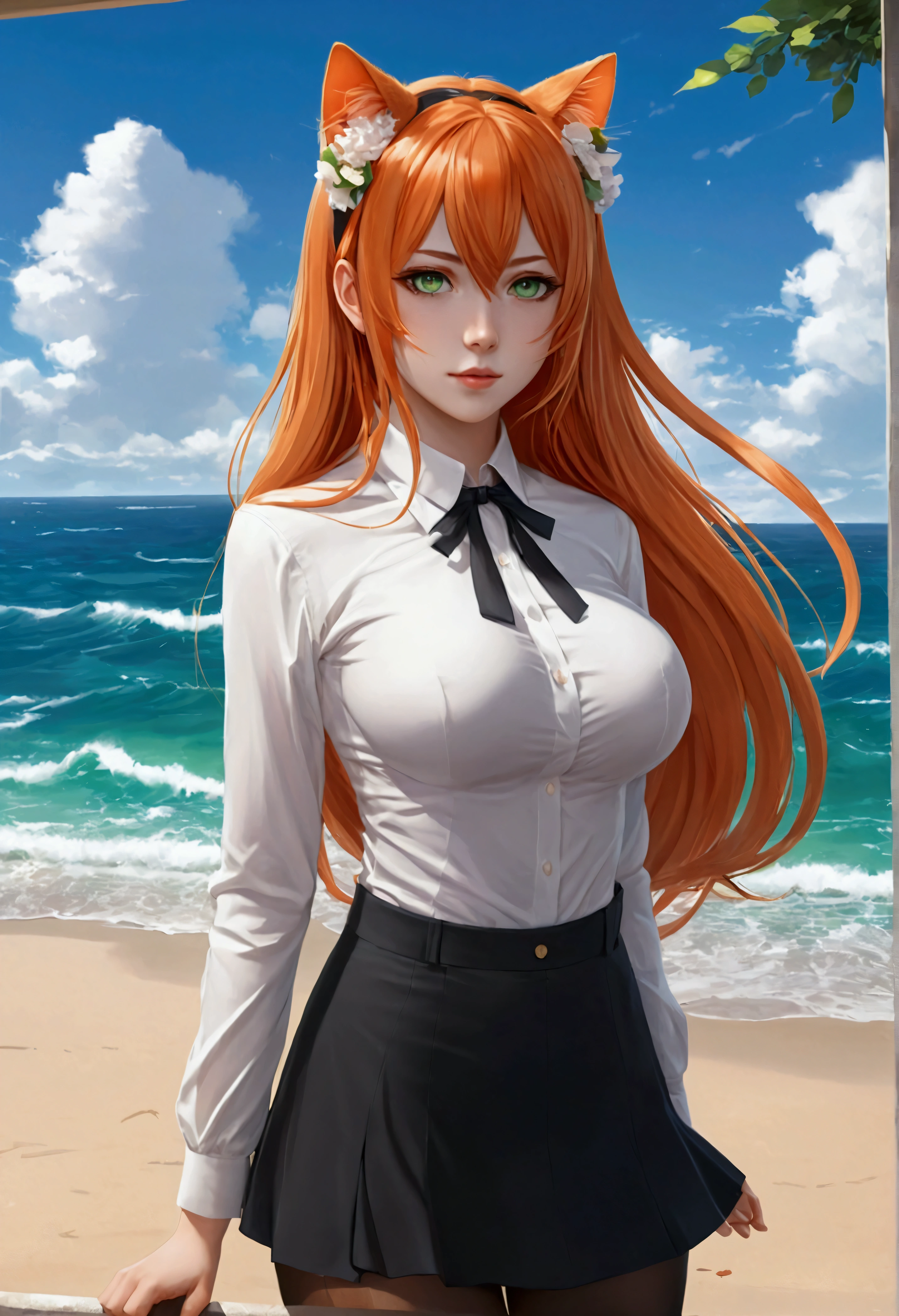 anime girl with long orange hair standing on beach near ocean, green eyes detailed digital anime art, cat ears, , anime girl with long hair, smooth anime cg art, anime girl with long hair, average breast size, digital anime art, artwork in the style of guweiz, beautiful anime portrait, photorealistic anime girl render, beautiful anime girl, advanced digital anime art, pantyhose, guweiz on artstation pixiv upscale HD UHD HQ