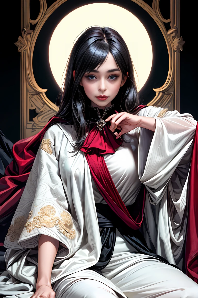 masterpiece, 最high quality, high quality, 1 girl, alone, Female focus, Watching the audience, Messy black hair, Adorable big blue eyes, White people, Noble, Noble,Sexy voluminous cape、vampire、A very voluminous, large, very large, very large, long, long red and black cape with a high stand-up collar, made of a lot of fabric that reaches down to the floor., 24 years old,Cute beautiful girls,Cute, cute, kind, pretty girl