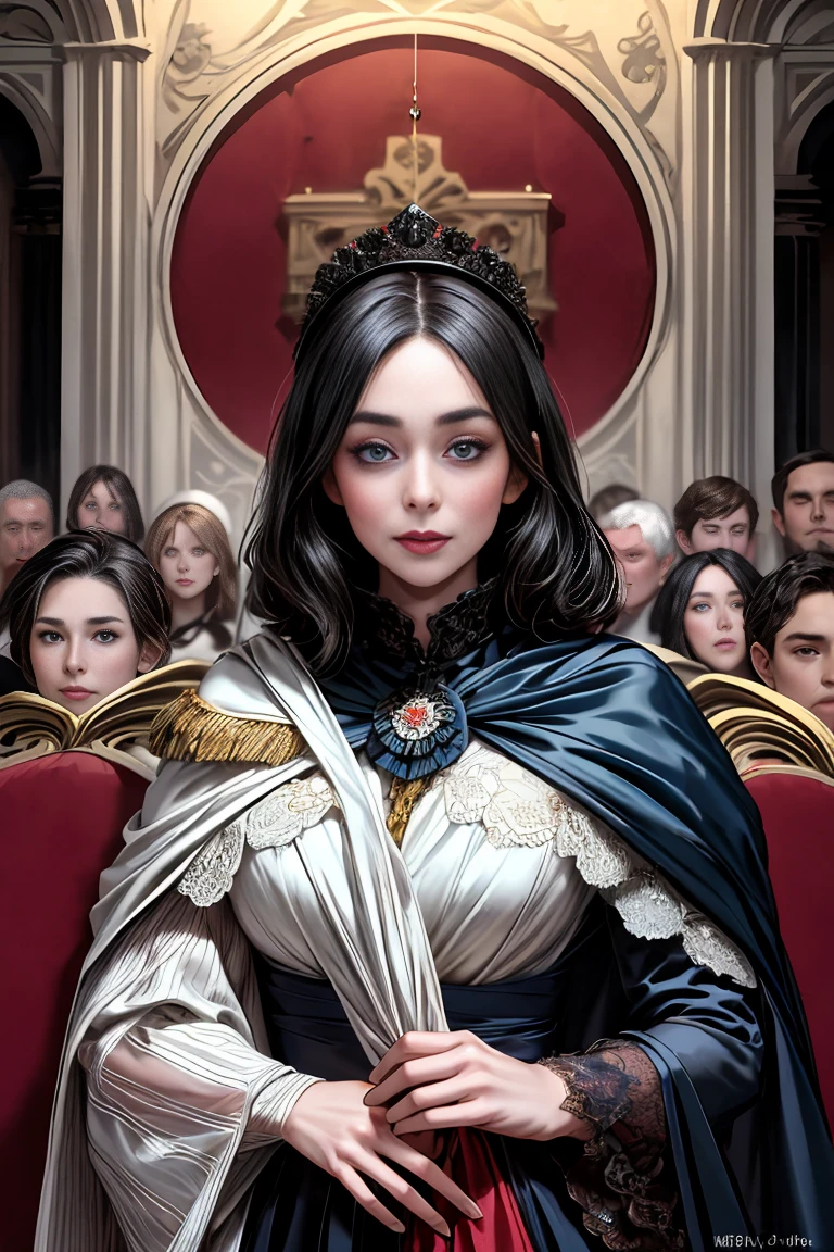 masterpiece, 最high quality, high quality, 1 girl, alone, Female focus, Watching the audience, Messy black hair, Adorable big blue eyes, White people, Noble, Noble,Sexy voluminous cape、vampire、A very voluminous, large, very large, very large, long, long red and black cape with a high stand-up collar, made of a lot of fabric that reaches down to the floor., 24 years old,Cute beautiful girls,Cute, cute, kind, pretty girl