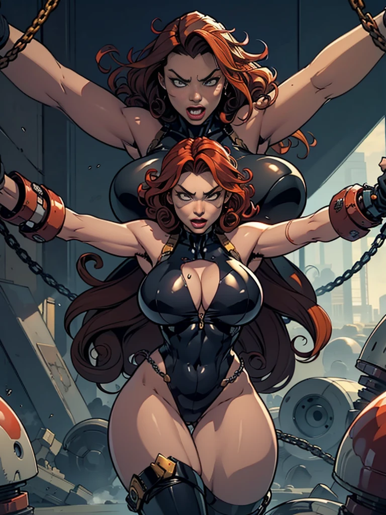 Redhead woman with sexy curly hair , big breasts and thick thighs , chained with open arms, a face of terror , alien technological scenes in the background