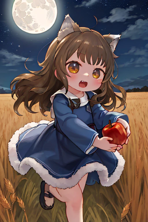 Highest quality、High resolution、One 、alone、Run、犬teeth、teeth、(Aligning the front hair、Light brown hair、Wolf Year、ending、Run、Navy Blue Dress、Wheat field at night、full moon、Has a big tail、She has an apple