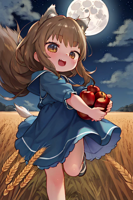 Highest quality、High resolution、One 、alone、Run、犬teeth、teeth、(Aligning the front hair、Light brown hair、Wolf Year、ending、Run、Navy Blue Dress、Wheat field at night、full moon、Has a big tail、She has an apple