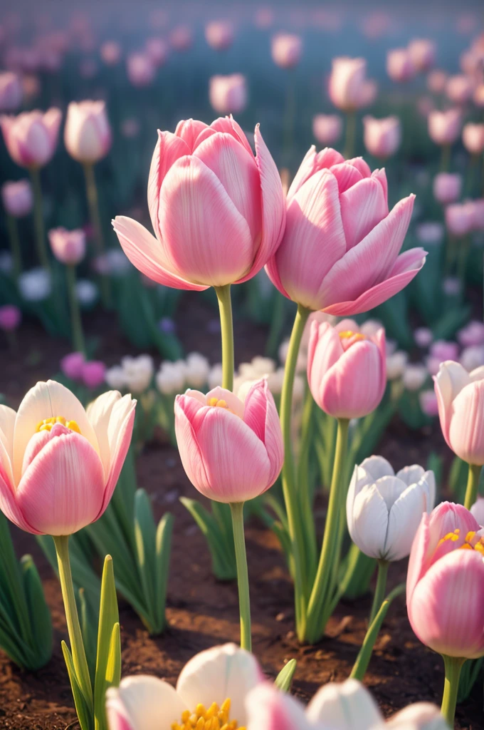 a tiny fairy is flying over big beautiful tulips, masterpiece, 8k, photorealistic, soft natural lighting, ultra-detailed, realistic, long exposure, depth of field, macro