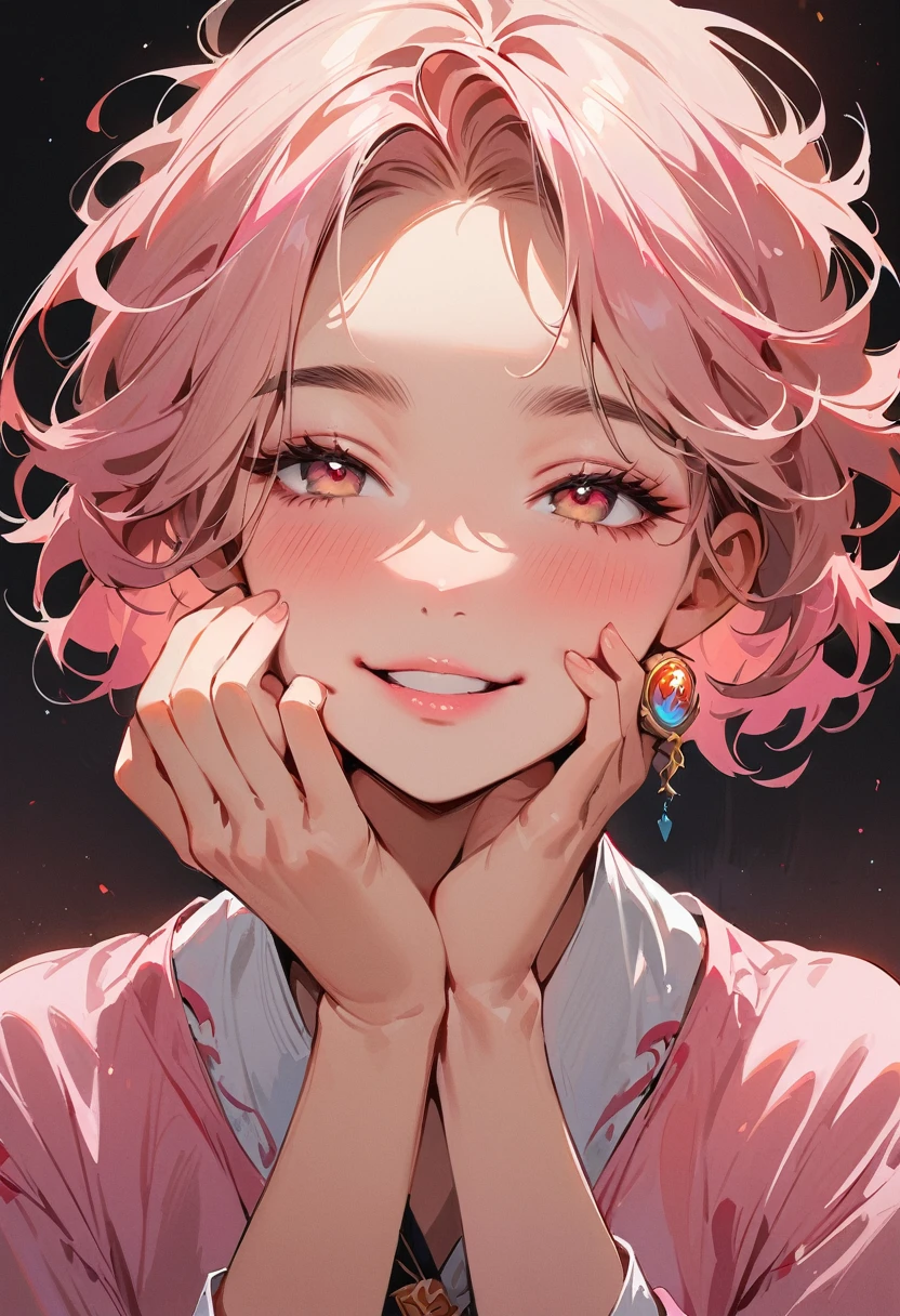 (masterpiece, best quality:1.4), 1 girl, 独奏, White love pupils, Blurred eyes, Smile, Look up and down, Pink lower lip, Holding face with hands, Pink short hair, Messy hairstyle, Royal sister, Pink loose shirt, Vision, black background.