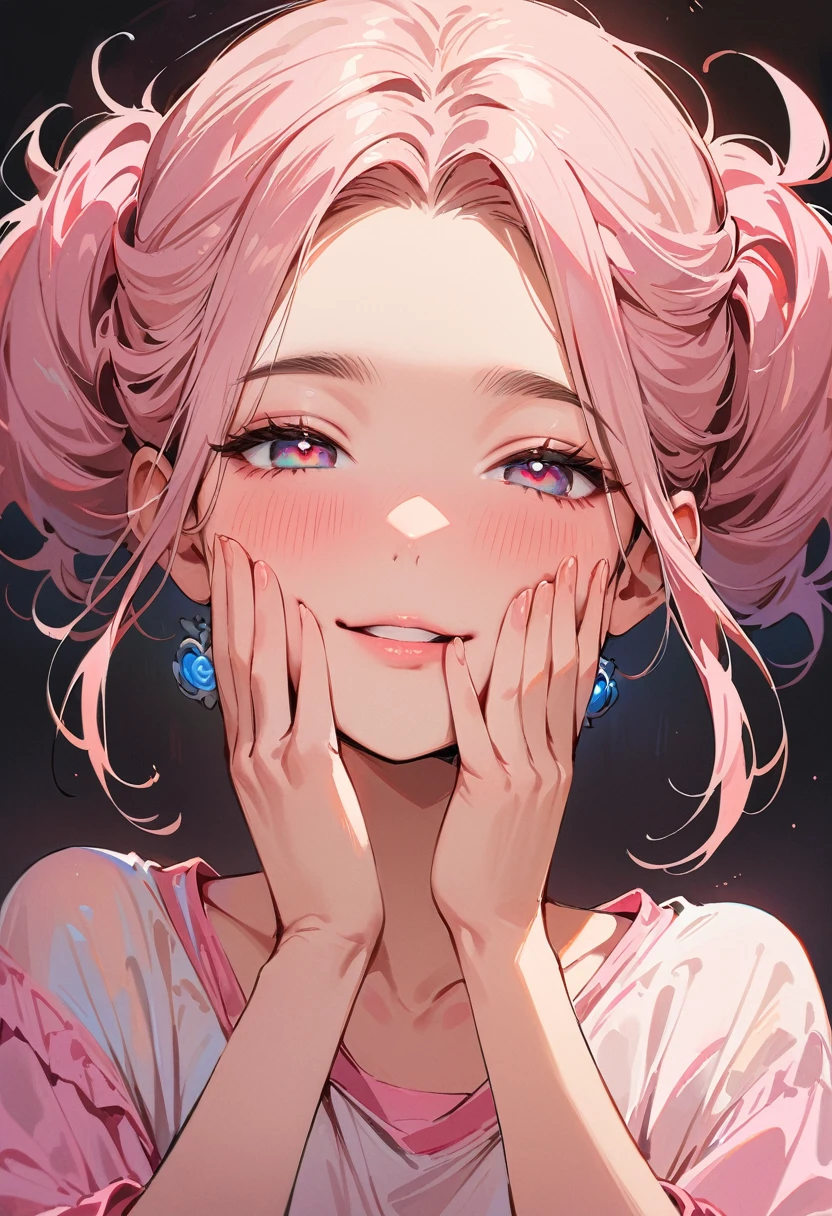 (masterpiece, best quality:1.4), 1 girl, 独奏, White love pupils, Blurred eyes, Smile, Look up and down, Pink lower lip, Holding face with hands, Pink short hair, Messy hairstyle,  Royal sister, Pink loose shirt, Vision, black background.