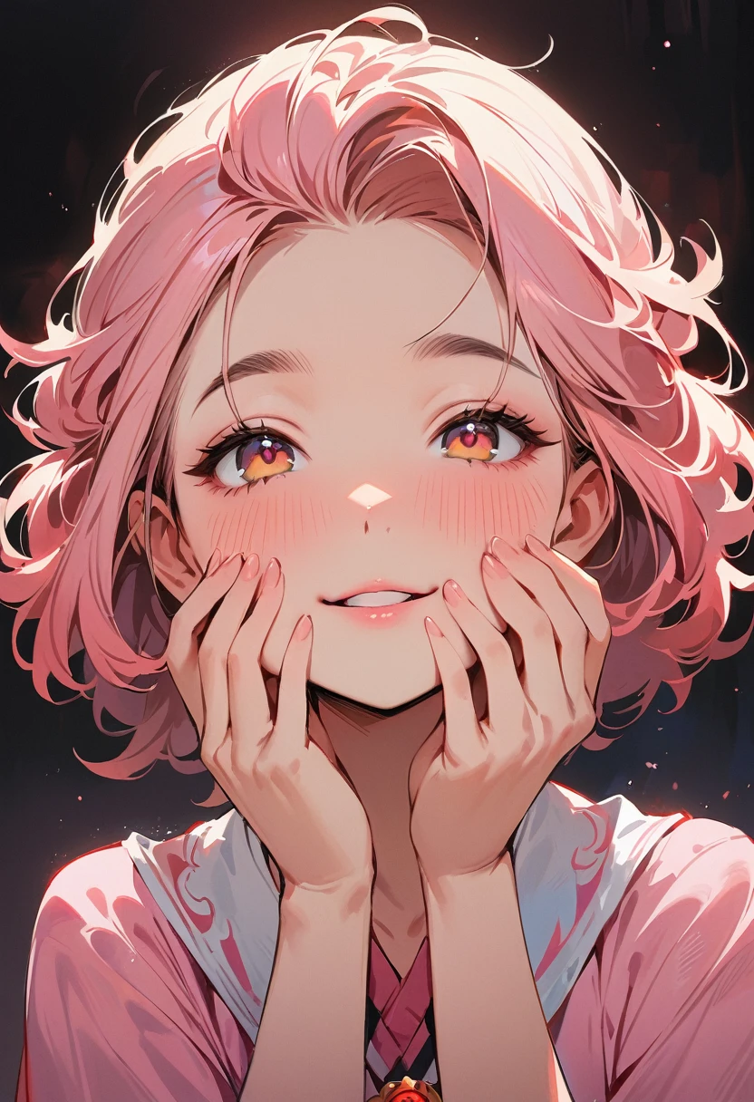(masterpiece, best quality:1.4), 1 girl, 独奏, White love pupils, Blurred eyes, Smile, Look up and down, Pink lower lip, Holding face with hands, Pink short hair, Messy hairstyle,  Royal sister, Pink loose shirt, Vision, black background.