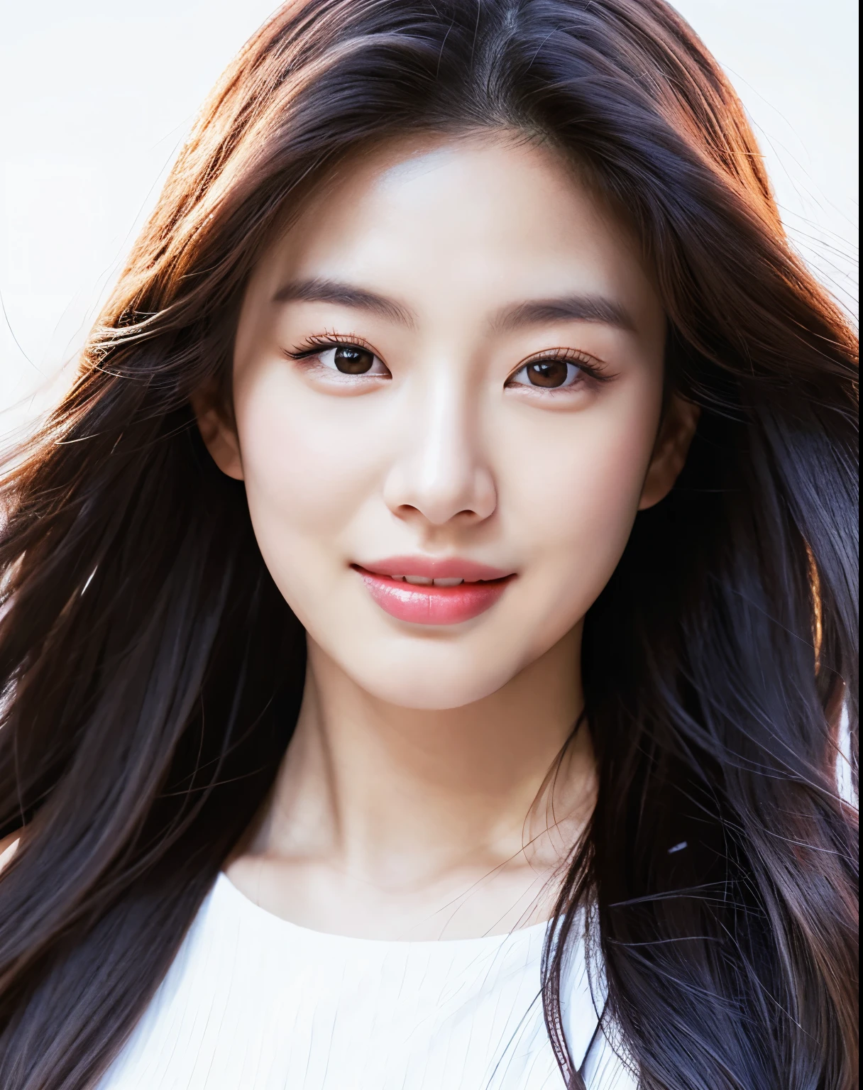 a close up of a woman with long hair wearing a white top, beautiful south korean woman, bae suzy, portrait of female korean idol, female actress from korea, gorgeous young korean woman, beautiful young korean woman, korean artist, cute korean actress, korean woman, portrait jisoo blackpink, korean girl, heonhwa choe, digital art of an elegant