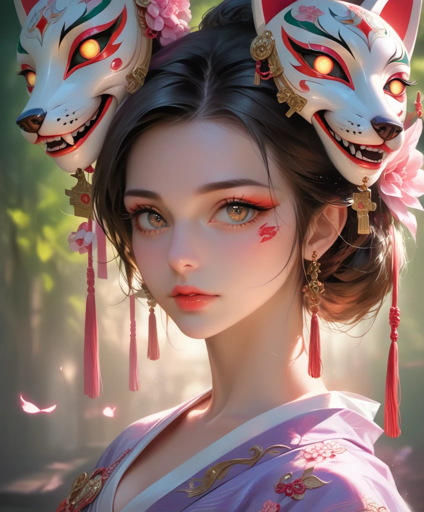 1girl, kitsune, beautiful detailed eyes, beautiful detailed lips, extremely detailed face and features, long eyelashes, detailed kimono, intricate fox mask, elegant pose, in a mystical forest, soft lighting, cinematic composition, highly detailed, 8k, (best quality,4k,8k,highres,masterpiece:1.2),ultra-detailed,(realistic,photorealistic,photo-realistic:1.37),vibrant colors,dramatic lighting,fantasy art