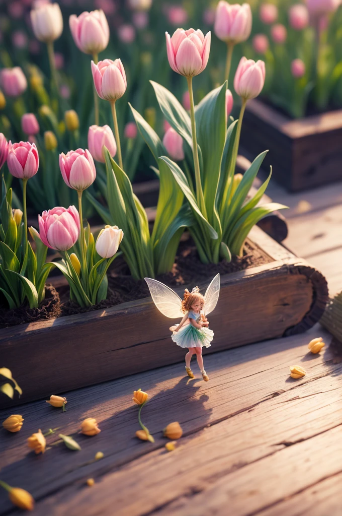 a tiny fairy is flying around tulips, masterpiece, 8k, photorealistic, soft natural lighting, ultra-detailed, realistic, long exposure, depth of field, macro