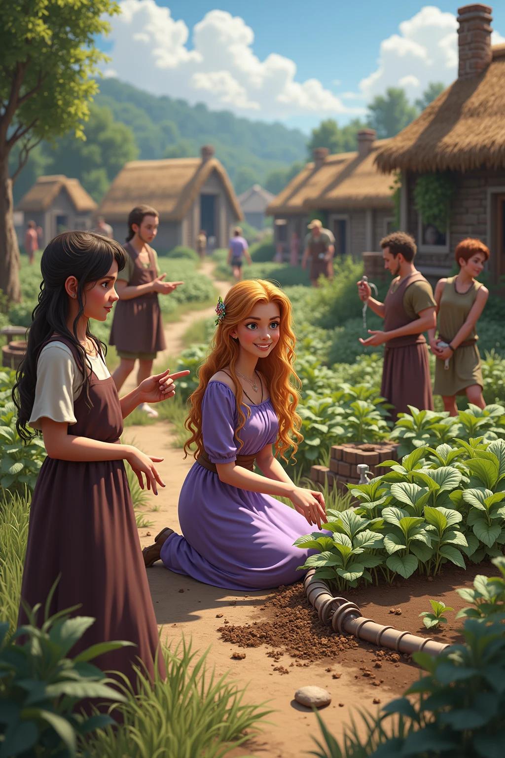 The village bustling with activity, as villagers build new irrigation systems and work together in their thriving gardens.Princess Elara: Guiding and instructing villagers, her lavender dress slightly dusted with soil. She is kneeling beside a new irrigation system, pointing and smiling.