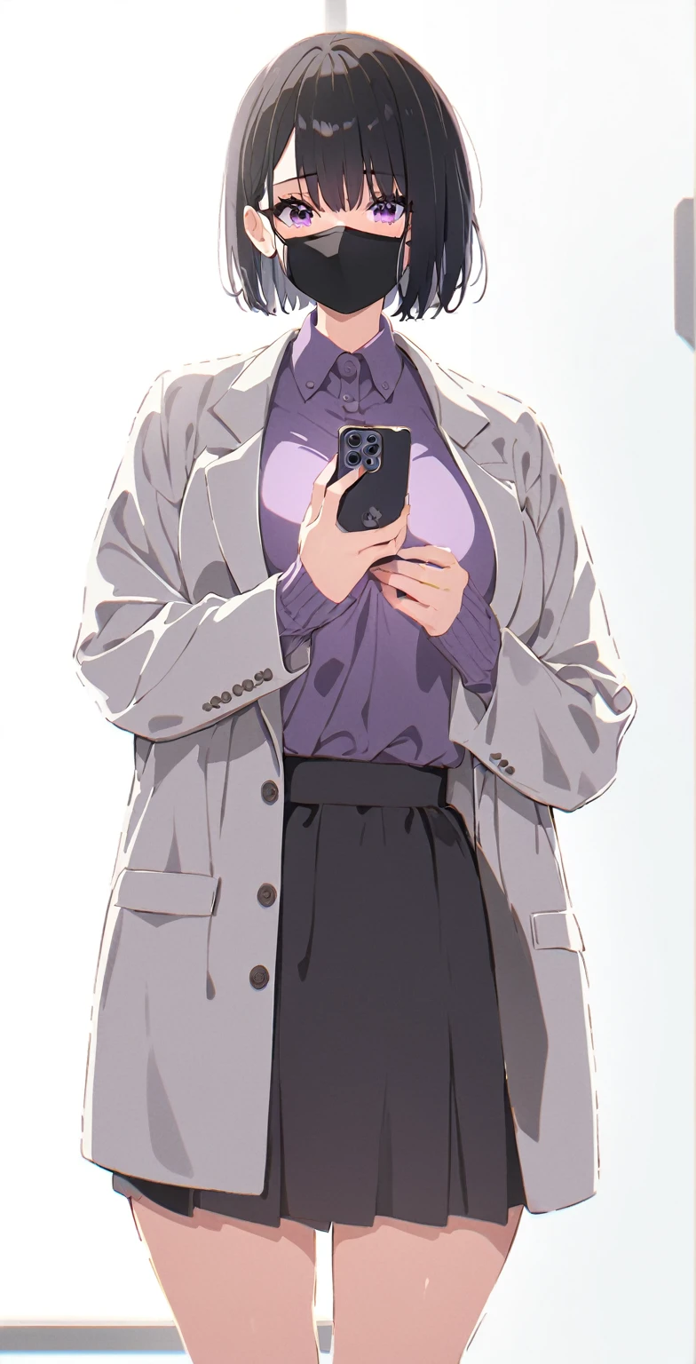 anime style, cinematic lighting, glowing light, a woman in a purple sweater, grey jacket, and black Formal Skirt Office holding a smartphone, better known as amouranth, 1girl, 24-year-old female model, big breasts, curvy body, standing pose, (Short Bob haircut, black hair, covering one side eye), wearing a mask, (black surgical mask, surgical mask fit his face:1.2).
