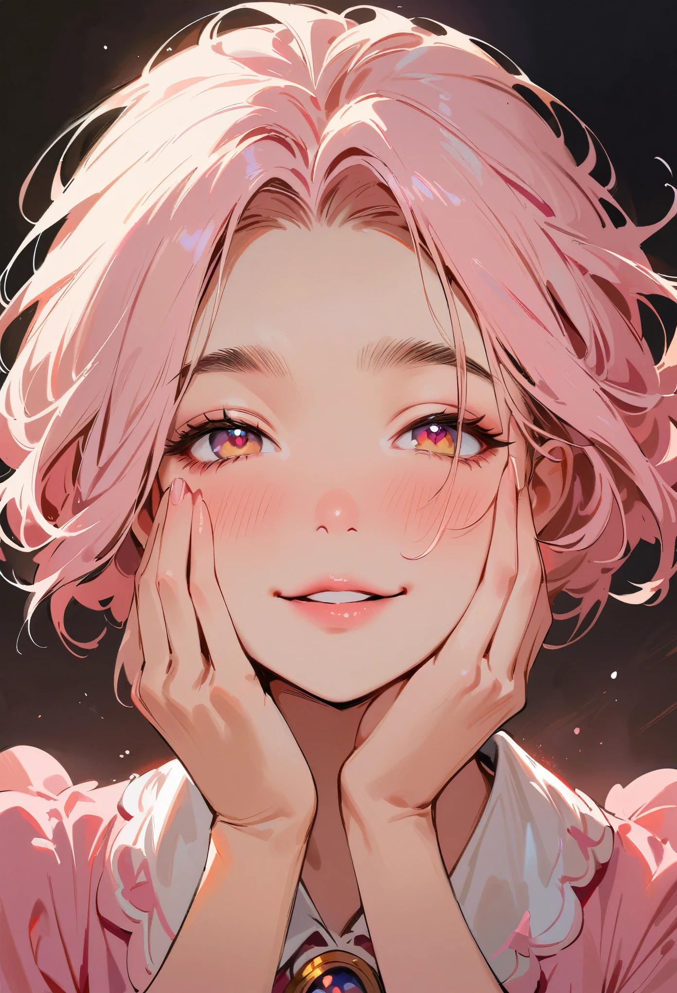(masterpiece, best quality:1.4), 1 girl, 独奏, Pink love pupils, Blurred eyes, Smile, Look up and down, Pink lower lip, Holding face with hands, Pink short hair, Messy hairstyle, Royal sister, Pink pajamas, Vision, black background.