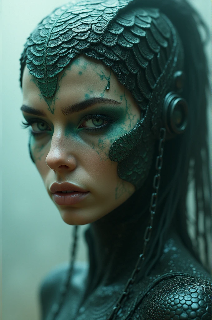 sexy woman cyberpunk with reptile skin, amazing depth, double exposure, intricately detailed, bokeh, perfect balanced, deep fine borders, artistic photorealism, smooth, great masterwork by head of prompt engineering, art by Gabriele Viertel, Januz Miralles. Giger