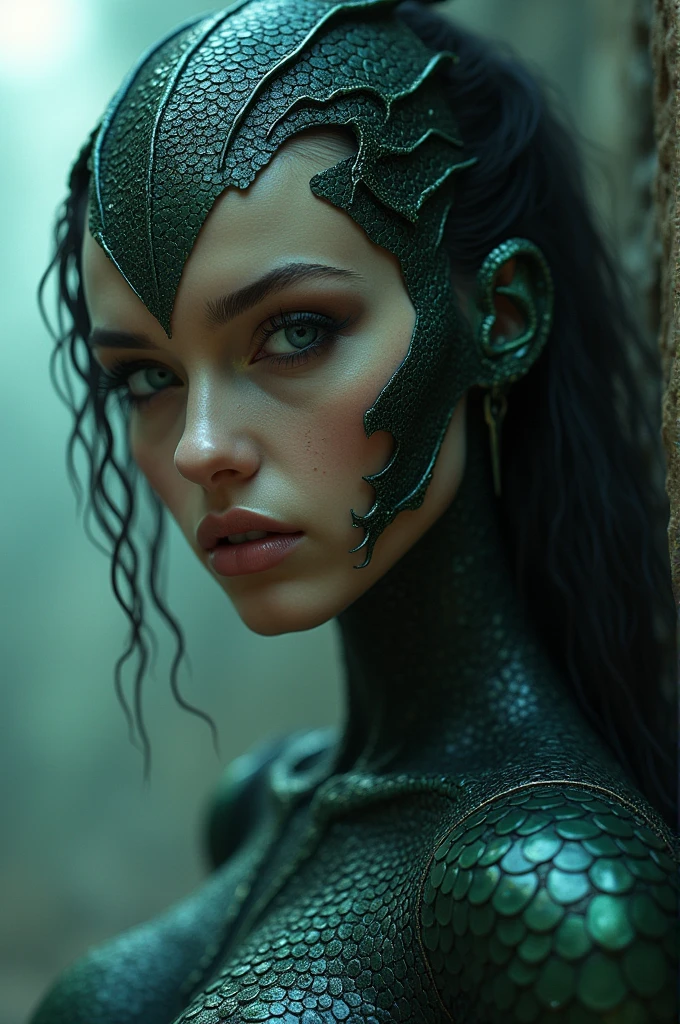 sexy woman cyberpunk with reptile skin, amazing depth, double exposure, intricately detailed, bokeh, perfect balanced, deep fine borders, artistic photorealism, smooth, great masterwork by head of prompt engineering, art by Gabriele Viertel, Januz Miralles. Giger