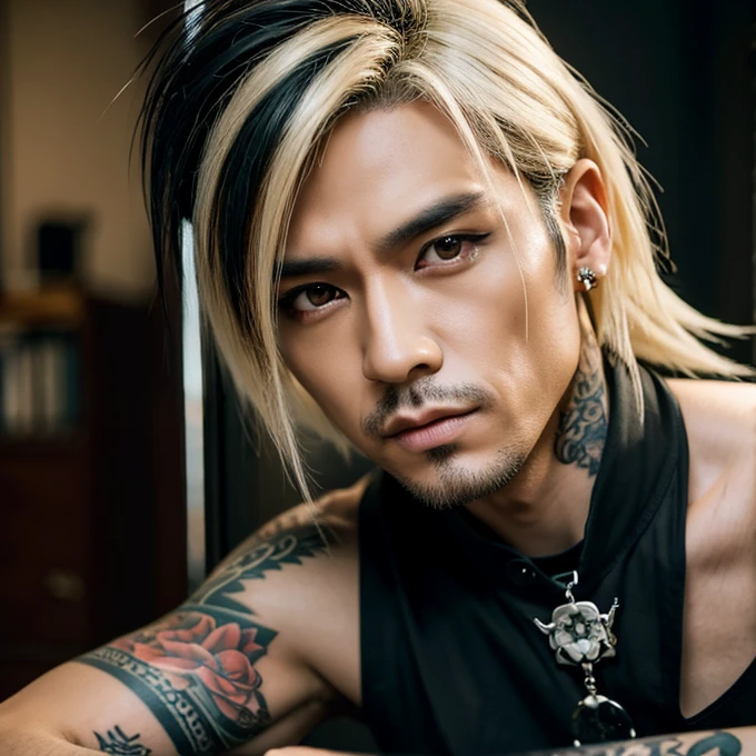 1 man, male, Japanese man, Visual Kai hairstyle, ultra detailed face and body, hyperrealistic, realistic representation, muscular, broad shoulders, tattoos gothic style, piercings, Visual Kei style, hairstyle Visual Kei, blond, long hair, 40 years old, age 40, outfit gothic streampunk, men's shirt and black pants, Asian eyes, eyes Asian, Visual Kei hairstyle 