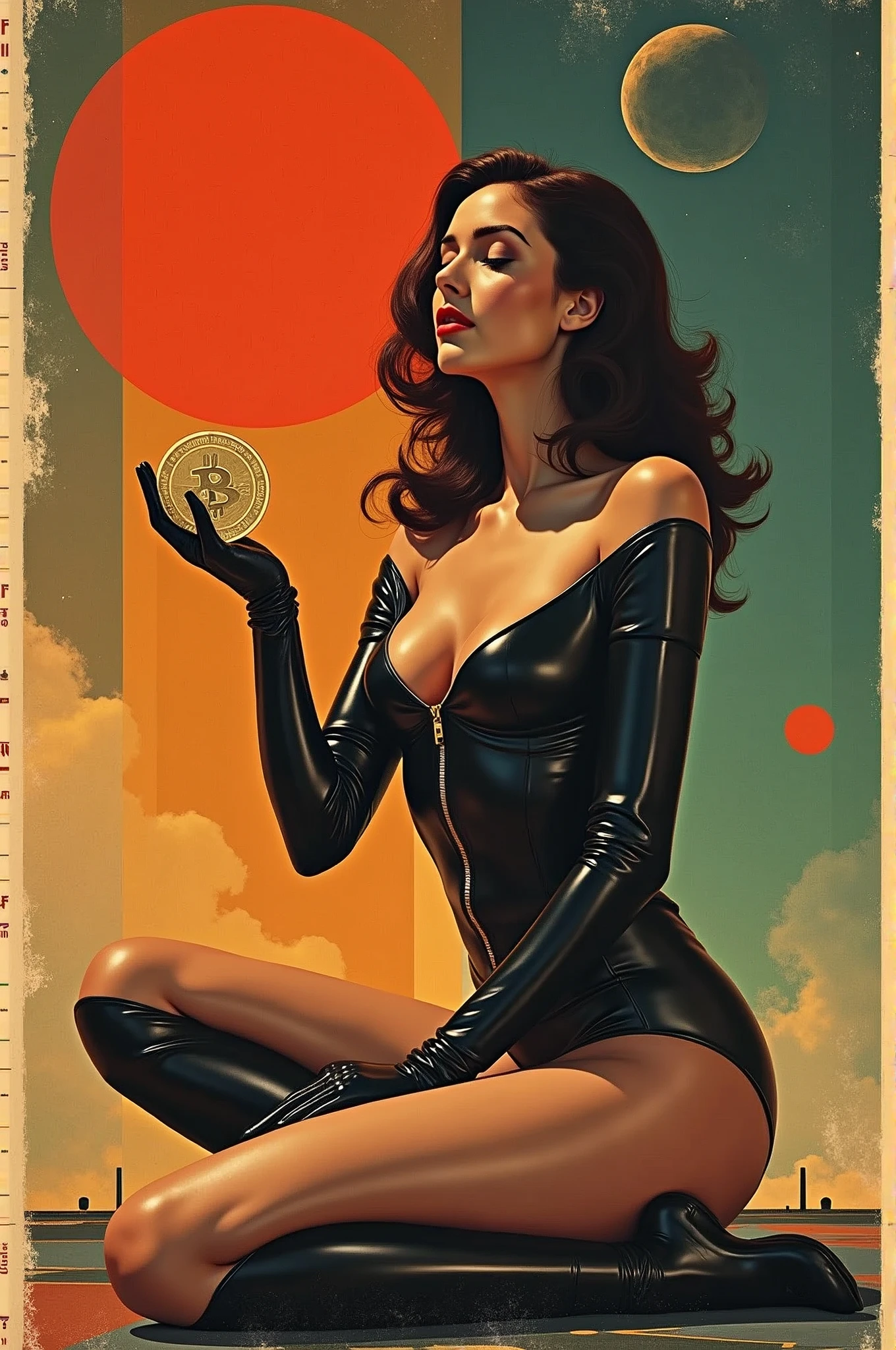 (Masterpiece, best quality), 8K wallpaper, Highly detailed, poster, vintage science fiction, 1960s, sexy reveal outfit female Holding Bitcoin in hand and sitting on kneel,space thriller cinematic movie poster, Bauhaus, shape, line, abstract, Propaganda, Modern Middle Ages, movie poster, vintage,