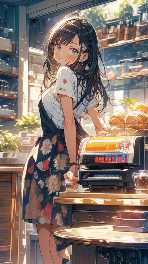 young woman,Facing forward,smile,((Standing inside the cash register)),Touching the cash register machine,Customer Service,((There is a cash register on the table)),(Scanning product barcodes at the cash register)),Supermarket clerk,Wearing an apron,uniform,((Working as a cashier)),((Cashier)),((cashier,register,)),((Receive money from customers)),There are products on the shelves,In the supermarket,Bright interior,grocery store