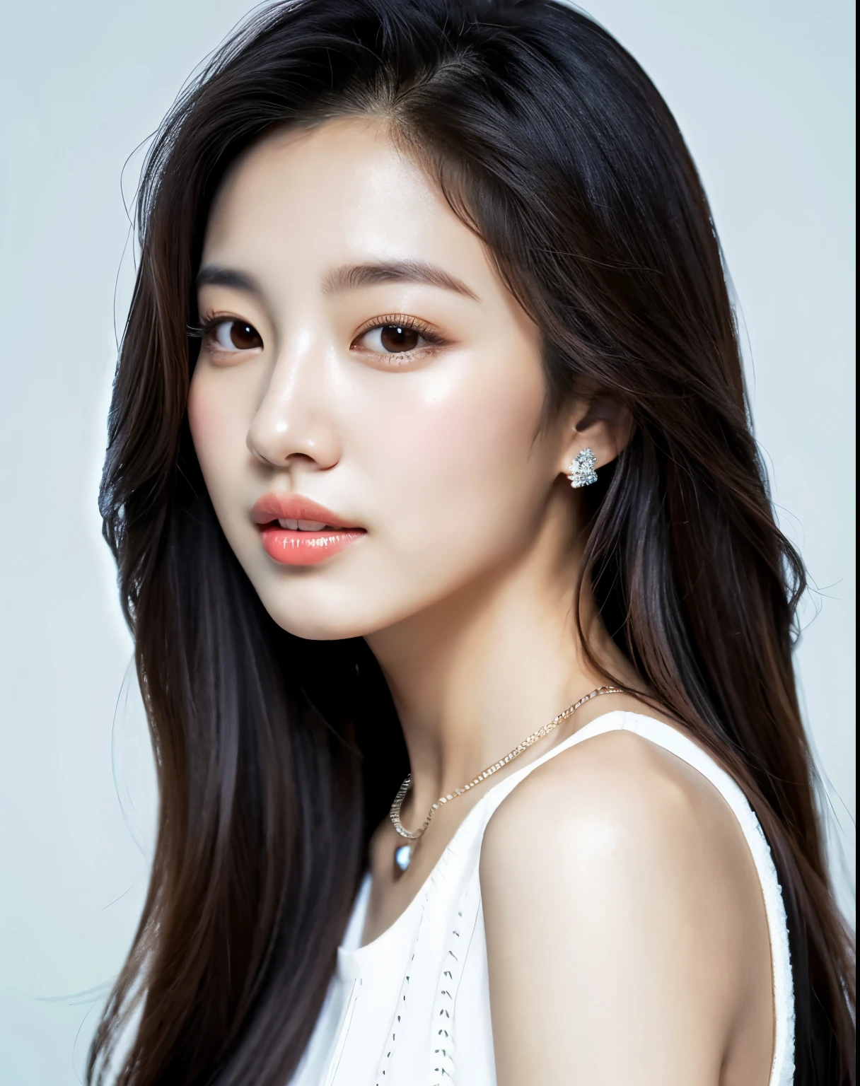 a close up of a woman with long hair wearing a white top, beautiful south korean woman, bae suzy, portrait of female korean idol, female actress from korea, gorgeous young korean woman, beautiful young korean woman, korean artist, cute korean actress, korean woman, portrait jisoo blackpink, korean girl, heonhwa choe, digital art of an elegant