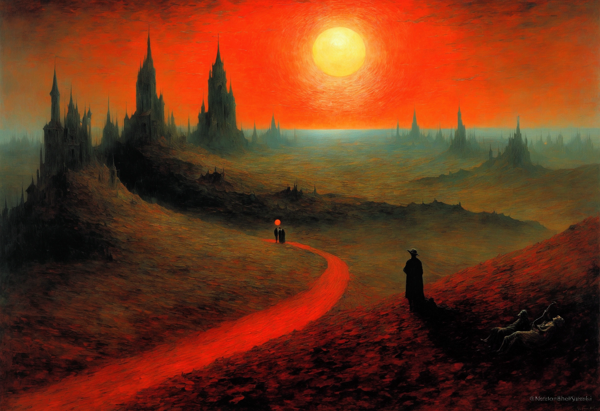 Mythical creatures, author：Zdzislaw Beksiński and Vincent van Gogh, romantic,landscape、Red moon and big eyes