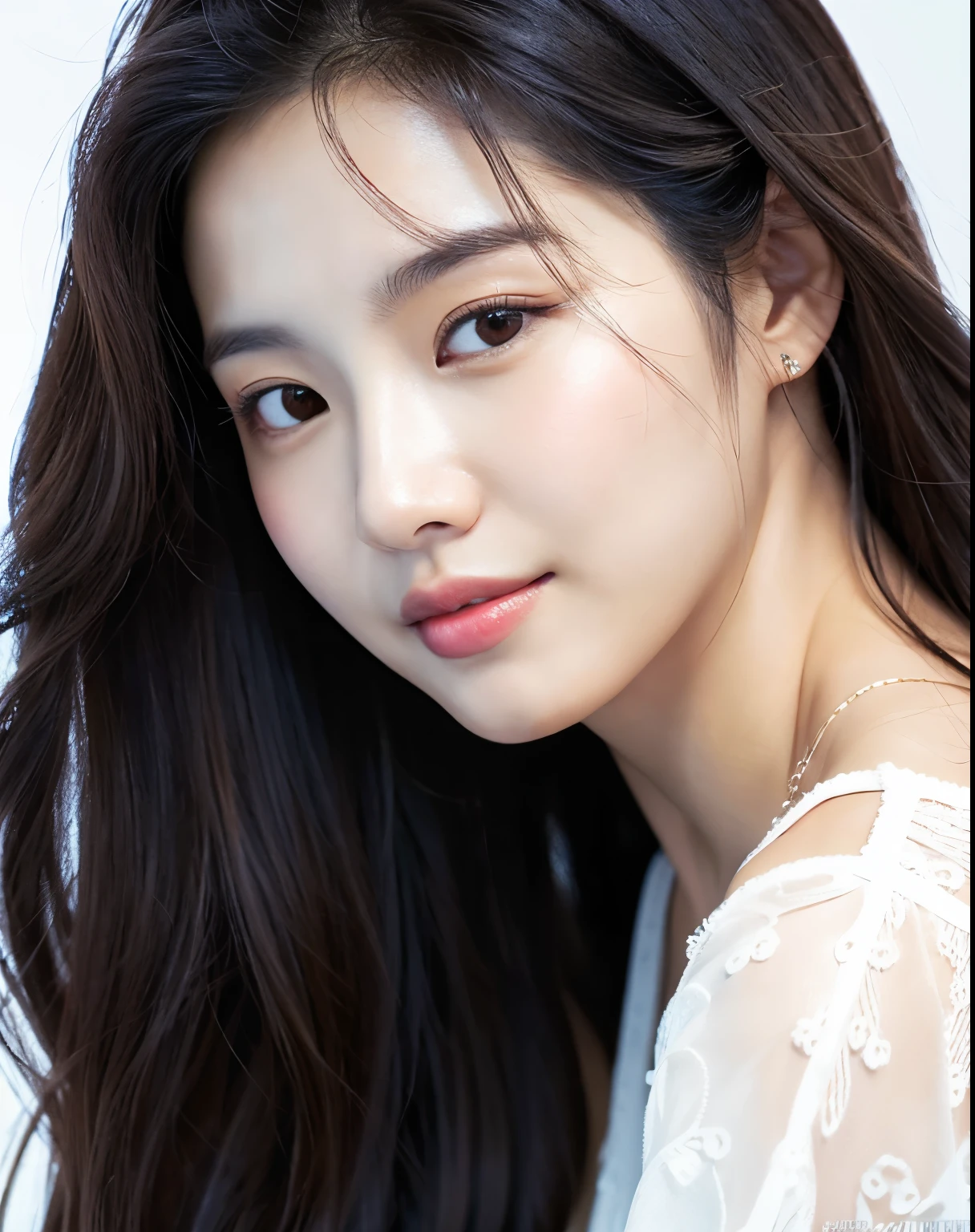 a close up of a woman with long hair wearing a white top, beautiful south korean woman, bae suzy, portrait of female korean idol, female actress from korea, gorgeous young korean woman, beautiful young korean woman, korean artist, cute korean actress, korean woman, portrait jisoo blackpink, korean girl, heonhwa choe, digital art of an elegant
