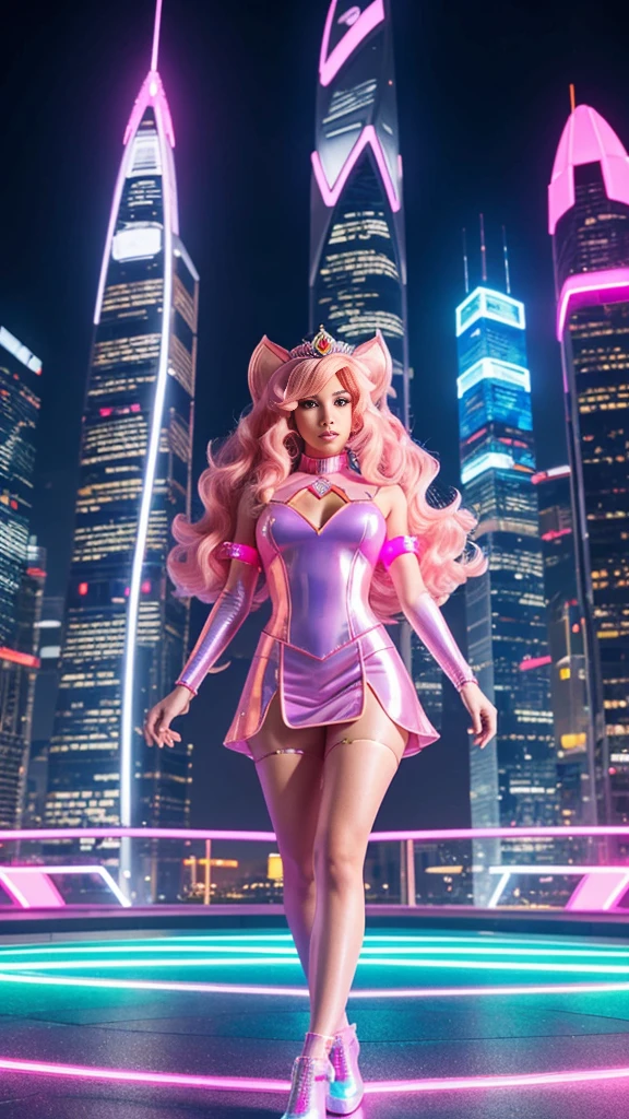 Futuristic Princess Peach: A young woman dressed as a futuristic version of Princess Peach, wearing a fitted neon pink vinyl dress with holographic details. Its crown is a digital display with LED lights, and their jewelry are technological pieces that shine in different colors. She is in a futuristic city setting with illuminated skyscrapers and flying vehicles in the background, looking directly at the camera with an expression of determination and power.