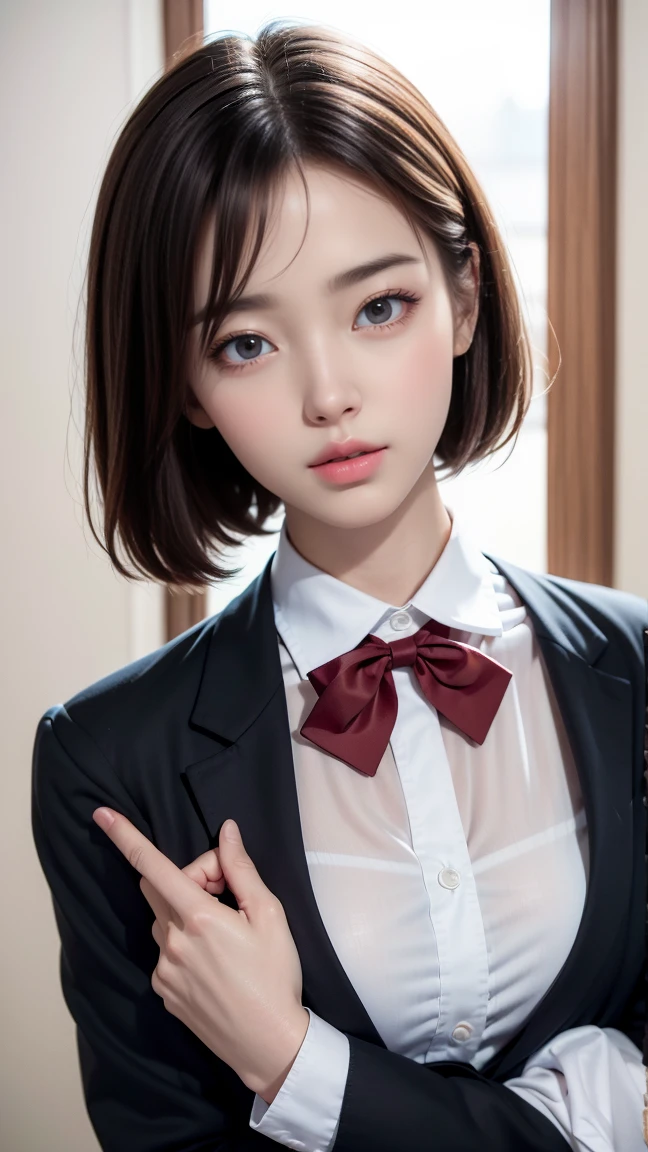 最高品質のwork,actual work,Ultra Premium Graphics,8K HD CG Operation,High quality graphics,고화질 CG work,10x pixels,Extremely fine detail:1.1,Advanced Technical Details:1.1 Real,(階段に足を組んで座っているgirl)Natural light:1.5. Lighting Effects(virtual Lighting Effects:1.8),Short Bob Hair,Black Hair,Transparent Hair,Hair with attention to detail(Premium Hair Detail:1.1)Clear Eyes,The double eyelids are beautiful,Sharp eye makeup, Delicate eyelash makeup, Thin eyebrows, Very fine grain,High nose, I like red lips, Rose Cheek, A face with subtle makeup , Cute Face, Perfectly balanced face,(Advanced Face Detail:1.1),The Shining,very coolドレス,Bright Red Series,((Front open wet black blazer)) 、(透け感のあるWet白いブラウス)、(Red bow tie)、White panties)、、girl 、photo shoot,woman'work,Full body portrait,realism,very cool,My eyes are shining today too、(8. she'that'Wet)),(,(I can see your pants)、Nipples showing through,
