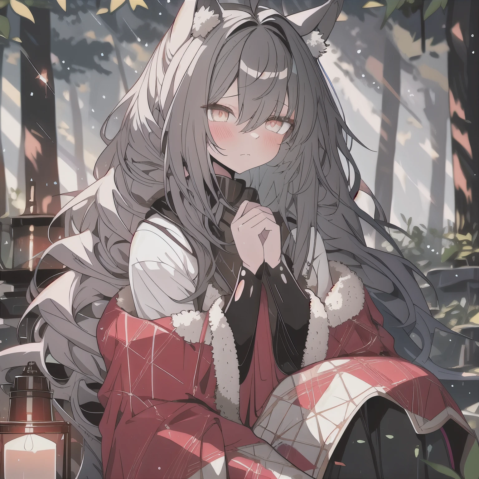 A fantasy female character with gray wolf ears and tail, dressed in animal fur clothing, sits by a campfire in the forest, in a digital painting. She has glowing amber eyes and delicate facial features. Her hands are neatly folded on her lap, and she looks deeply lost in thought. In the background, tall trees shrouded in thick mist and a night sky filled with stars can be seen. The soft, warm light from the campfire adds a magical atmosphere to the scene.