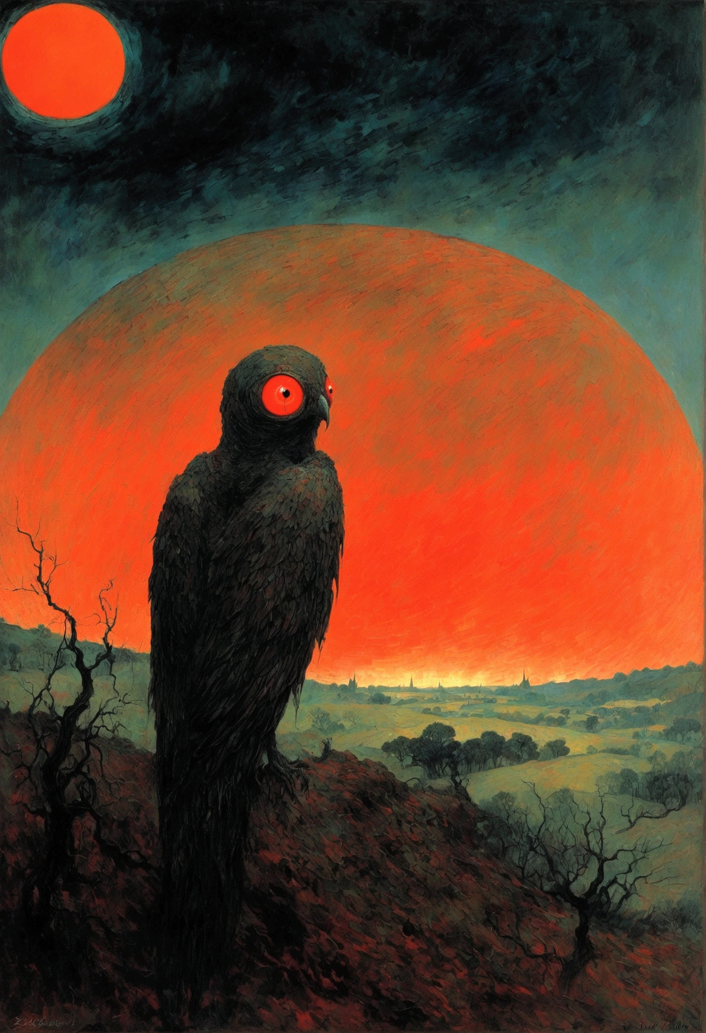 Mythical creatures, author：Zdzislaw Beksiński and Vincent van Gogh, romantic,landscape、Red moon and big eyes
