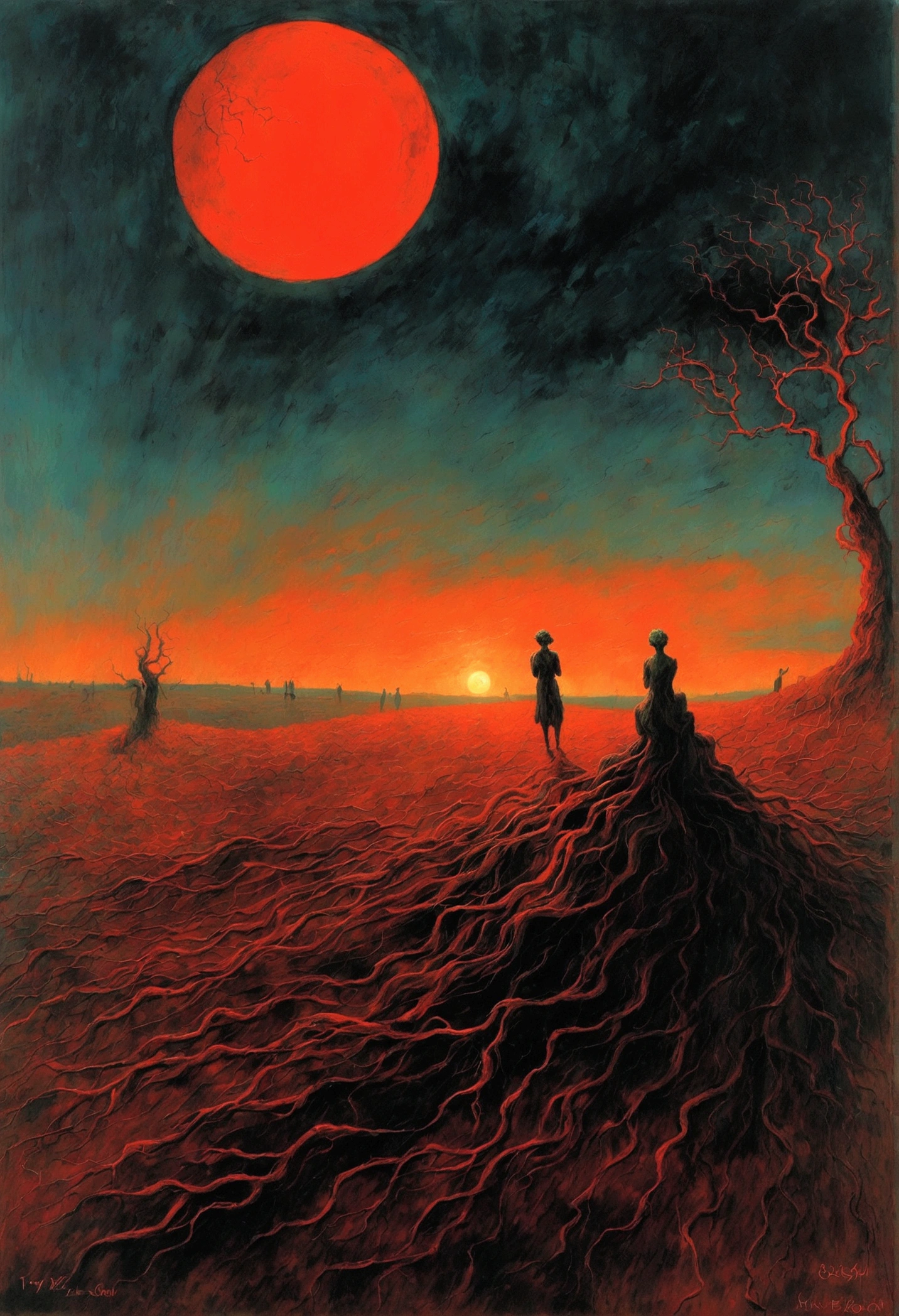 Mythical creatures, author:Zdzislaw Beksiński and Vincent van Gogh, romantic,landscape、Red moon and big eyes