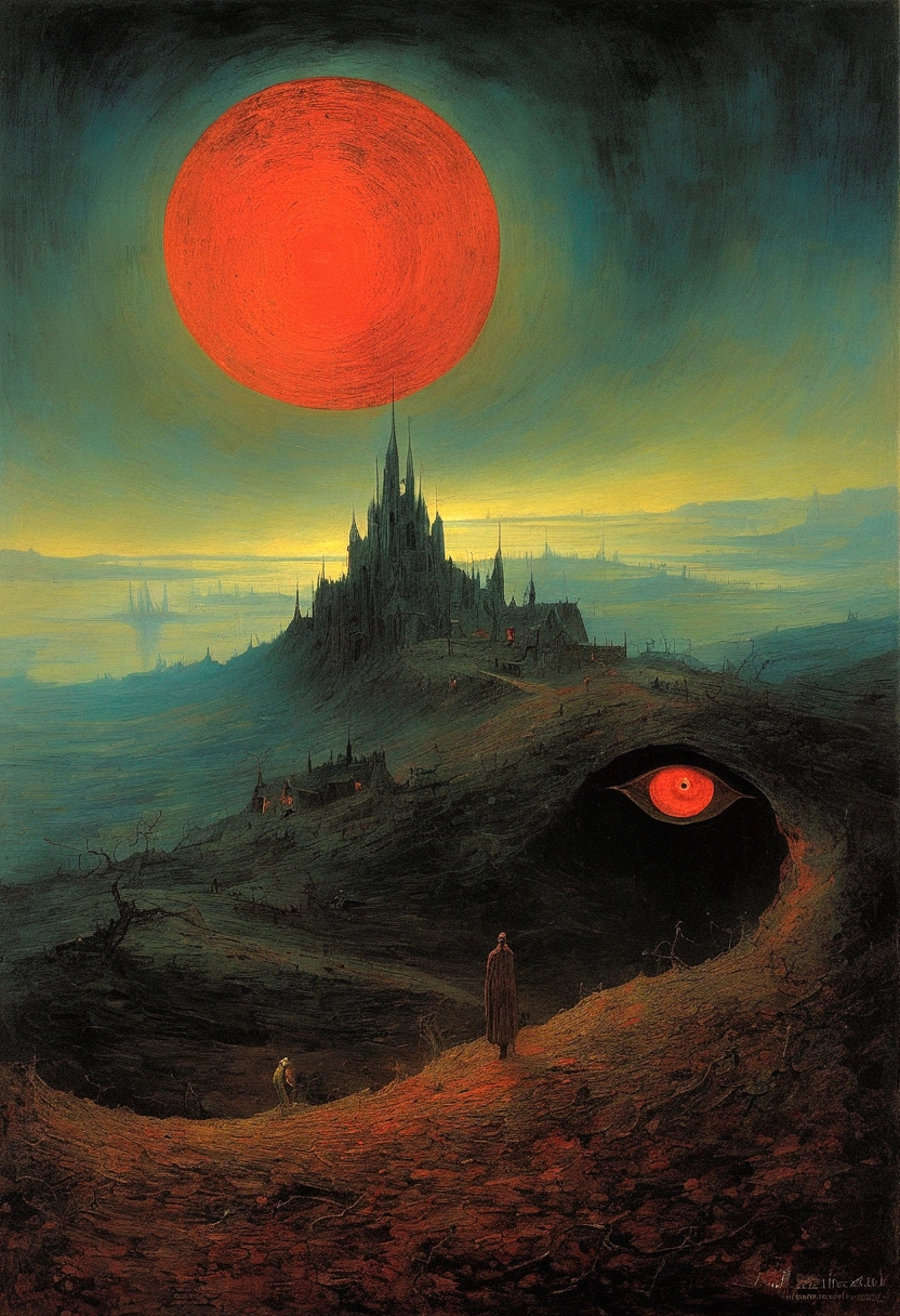 Mythical creatures, author:Zdzislaw Beksiński and Vincent van Gogh, romantic,landscape、Red moon and big eyes