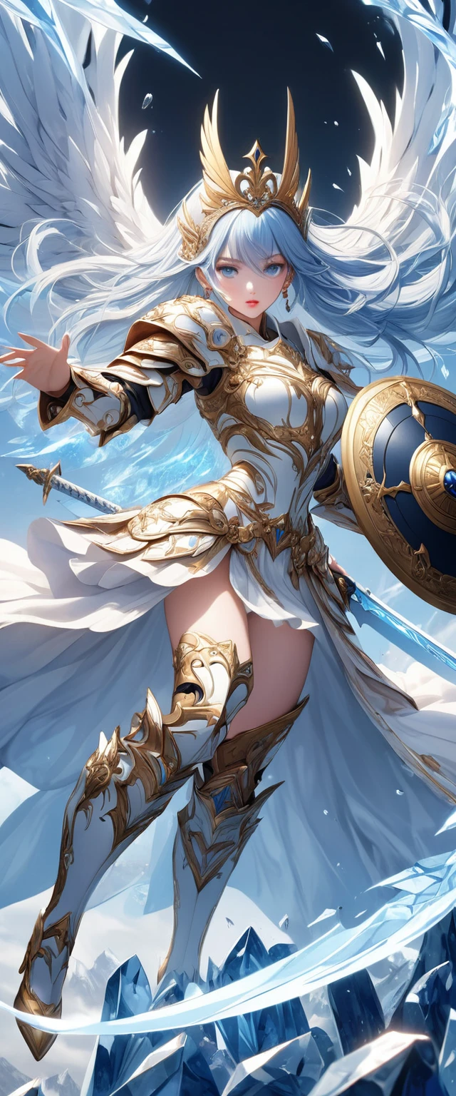 (Perfect Anatomy)、Mastepiece、Ultra High Quality、 8k、masterpiece、Highest quality、Ultra-high resolution、Maximum resolution、Very detailed、Professional Lighting、anime、woman、thin、so beautiful、Highly detailed eye、Highly detailed face、Blue and white armor, , Golden decorated luxury tiara，Golden earrings，Frilly Armor，Light blue hair, blue eyes，White underwear、Gloss Lip、Pink Lips、grassland, full body, dynamic angle, dynamic pose, Heroic pose, pillars of ice, (((long sword))), (((shield))), Defending with water magic, Making eyes glow, flying attack, Swinging down a sword, goddess armor, high heels, floating hair, Detailed armor patterns