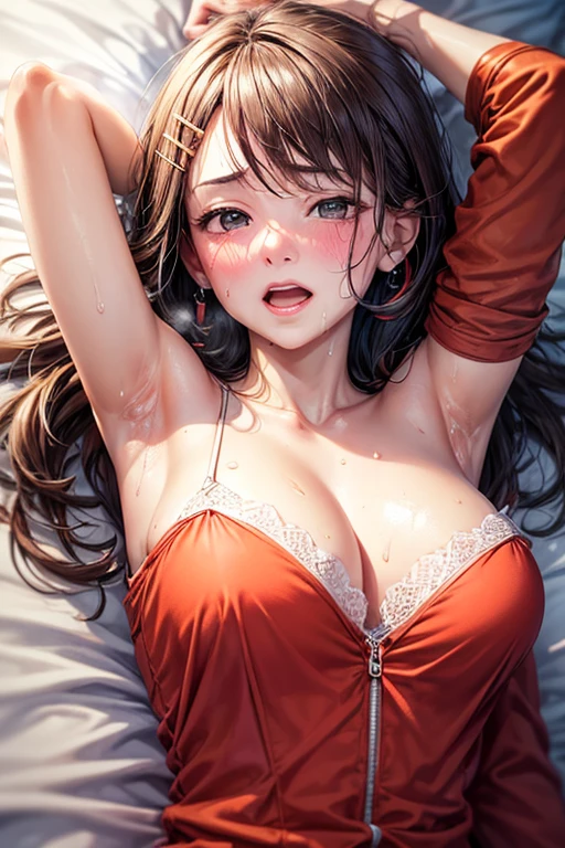 masterpiece,ultra-detailed,best quality, absurderes:2.0,realistic, Unity 8K Wallpaper, Realistic face, Realistic skin feeling ,detailed hair, highly detailed, realistic glistening skin, Perfect face, charming face,
(from above:1.3),(upper body:1.2), 1girl, solo,
kurumi noah,hairclip, hair ornament, off-shoulder jacket, shirt,bow, jewelry,
bare shoulders,sleeveless shirt,
blush,(embarrassed:1.5),open mouth,
(both arms behind head:1.5),
(lie on bed,on back,lying:1.5),
(steam,breath:1.5),(sweat:1.5),(gleaming skin:1.5),
