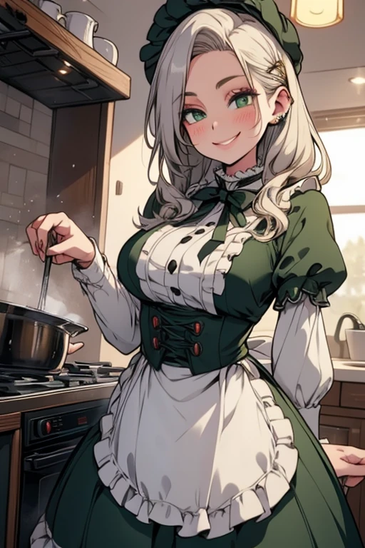 Perfect face. Perfect hands. A young silver haired woman with green eyes and an hourglass figure in a Lolita maid uniform is stirring soup in a fancy kitchen with a big smile