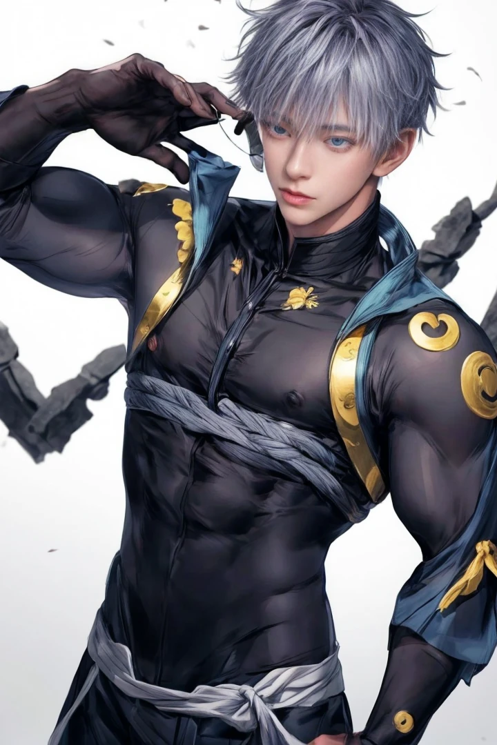 1 male, Japanese male model, high resolution 4k, adult, handsome, perfect face detail, detailed eyes and face, clean shaved, detailed muscular, white eyebrow hair, white eyelashes, Naked torso, Detailed face, perfect face, dynamic lighting, Real skin texture, detail Perfect hand, details, Real and complete hand details, unreal engine, hd picture, satoru gojo, Jujutsu kaisen, white hair, short hair ,hair between eyes ,blue eyes, white skin, Sexy clothes