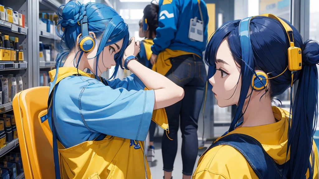 Female college students tie their hair in a bun、 and over-ear headphones、and baby face、blue hair、huge 、Yellow clothes、Denim hot pants,The background is only light blue