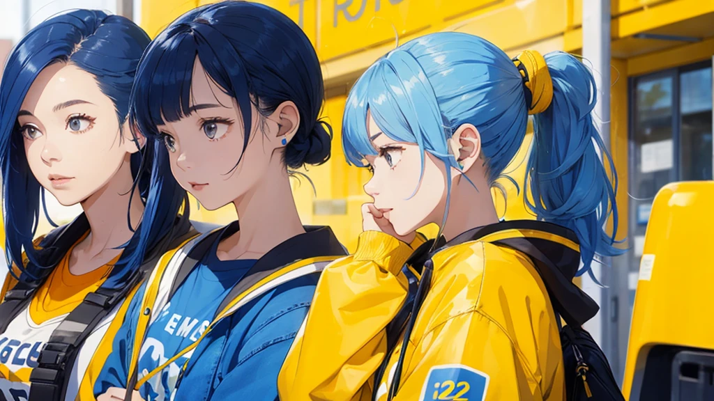 Female college students tie their hair in a bun、 and over-ear headphones、and baby face、blue hair、huge 、Yellow clothes、Denim hot pants，The background is only light blue