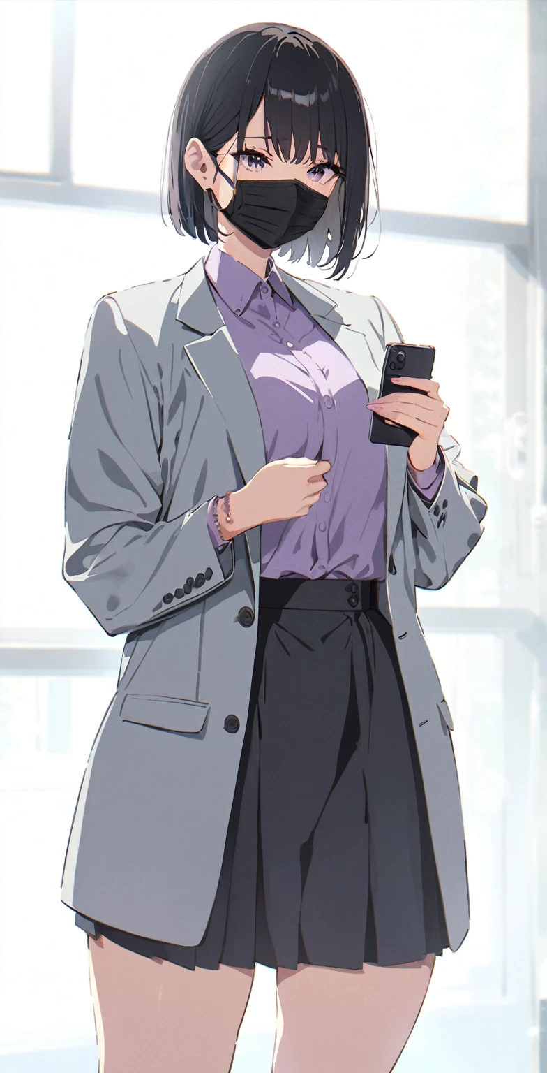 anime style, cinematic lighting, glowing light, a woman in a purple sweater, grey jacket, and black Formal Skirt Office holding a smartphone, better known as amouranth, 1girl, 24-year-old female model, big breasts, curvy body, standing pose, (Short Bob haircut, black hair, covering one side eye), wearing a mask, (black surgical mask, surgical mask fit his face:1.2).
