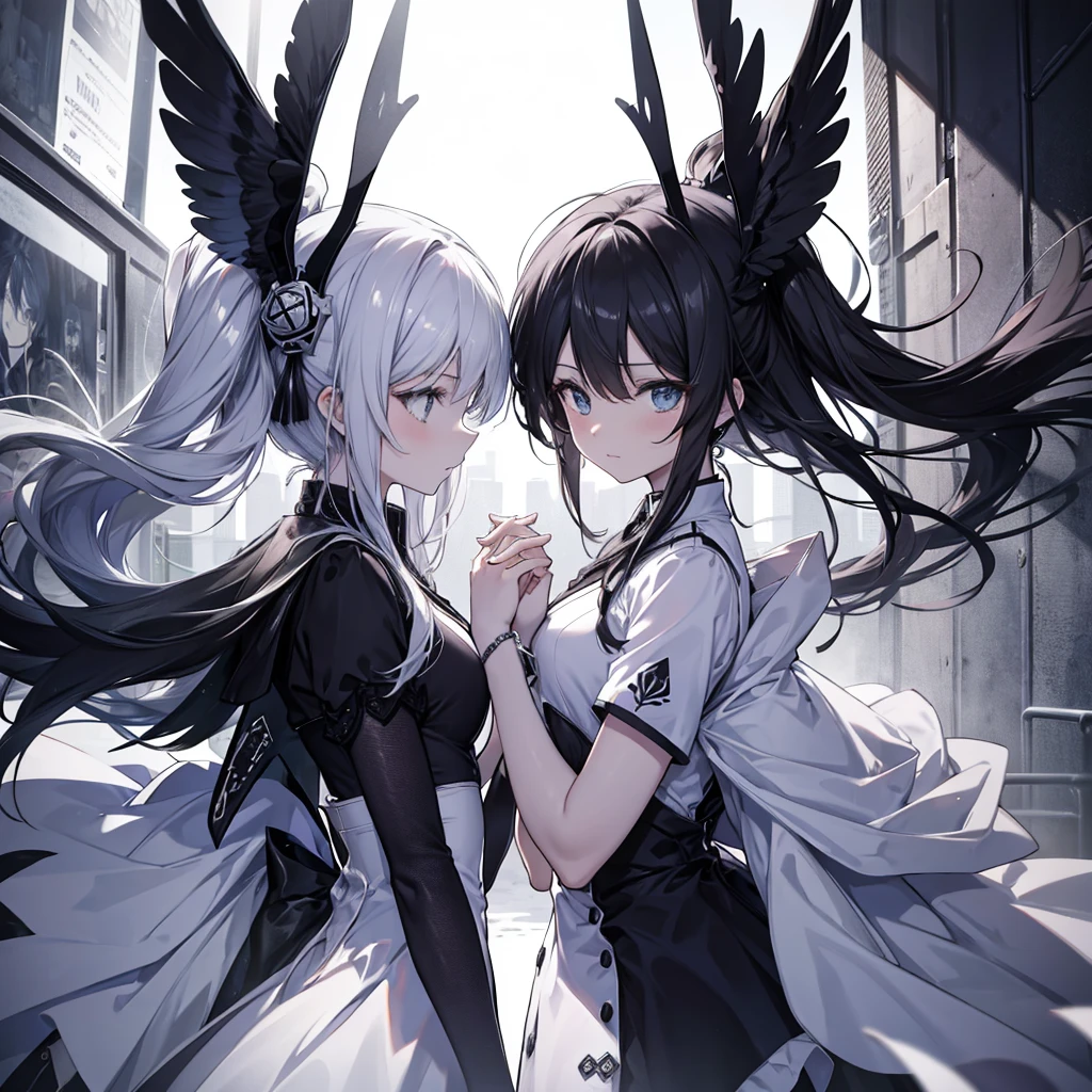 Two women((one in front of the other,Put your hands together)) bottom((centered,in black and white,1:1)) parallel worlds,Archangel anime style despair and happiness,fallen angels contrasting each other