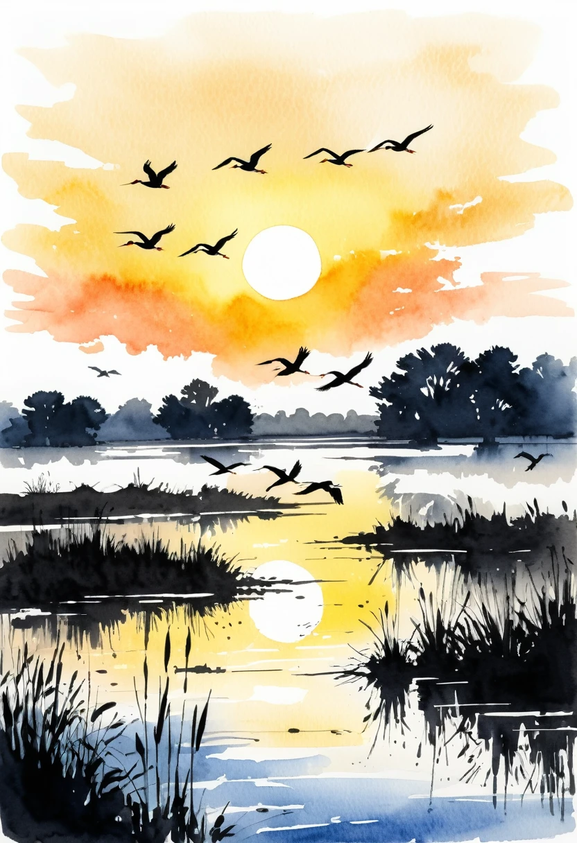 Watercolor drawing with soft strokes, splashes and undercurrents. The sun rises over a marshy area, storks flying in the sky. Fog.