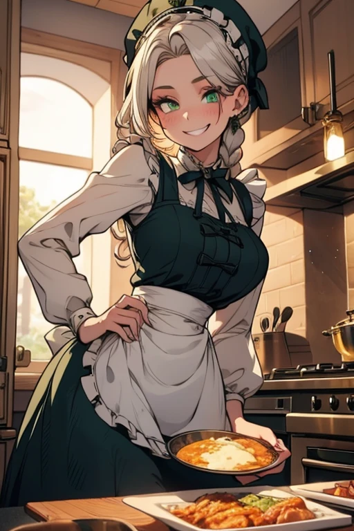 Perfect face. Perfect hands. A young silver haired woman with green eyes and an hourglass figure in a ta maid uniform is cooking in a fancy kitchen with a big smile