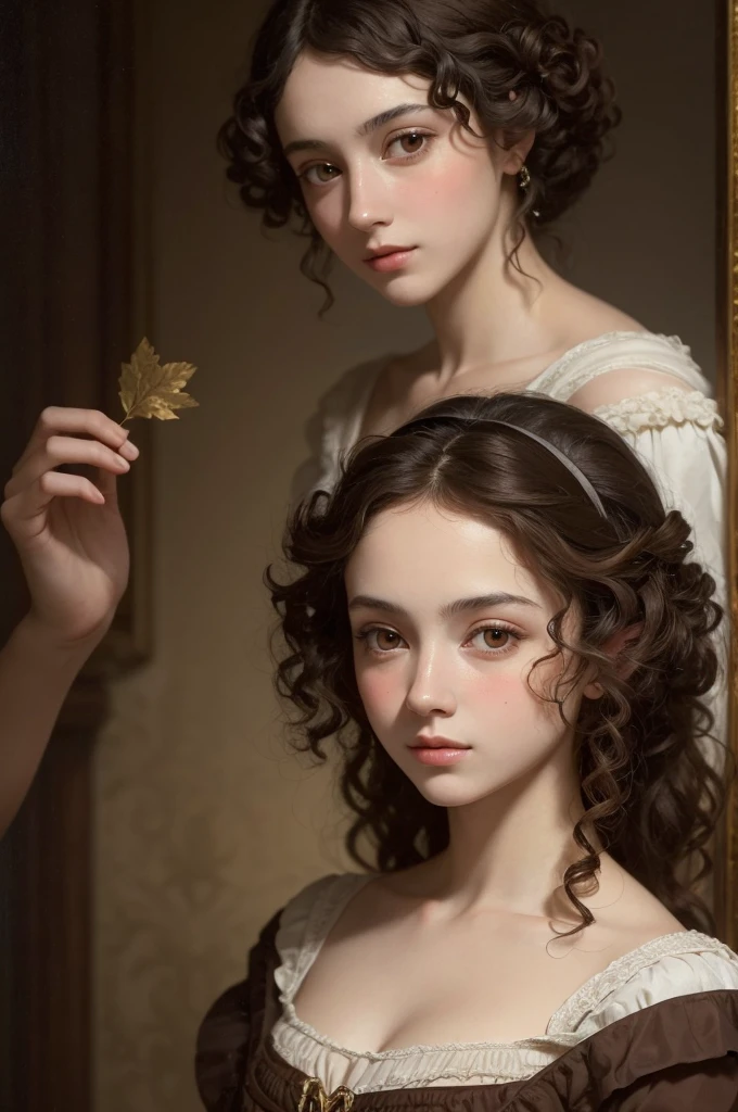 Create a Renaissance painting of a 25-year-old 18th century woman with curly dark brown hair dark brown eyes light brown skin