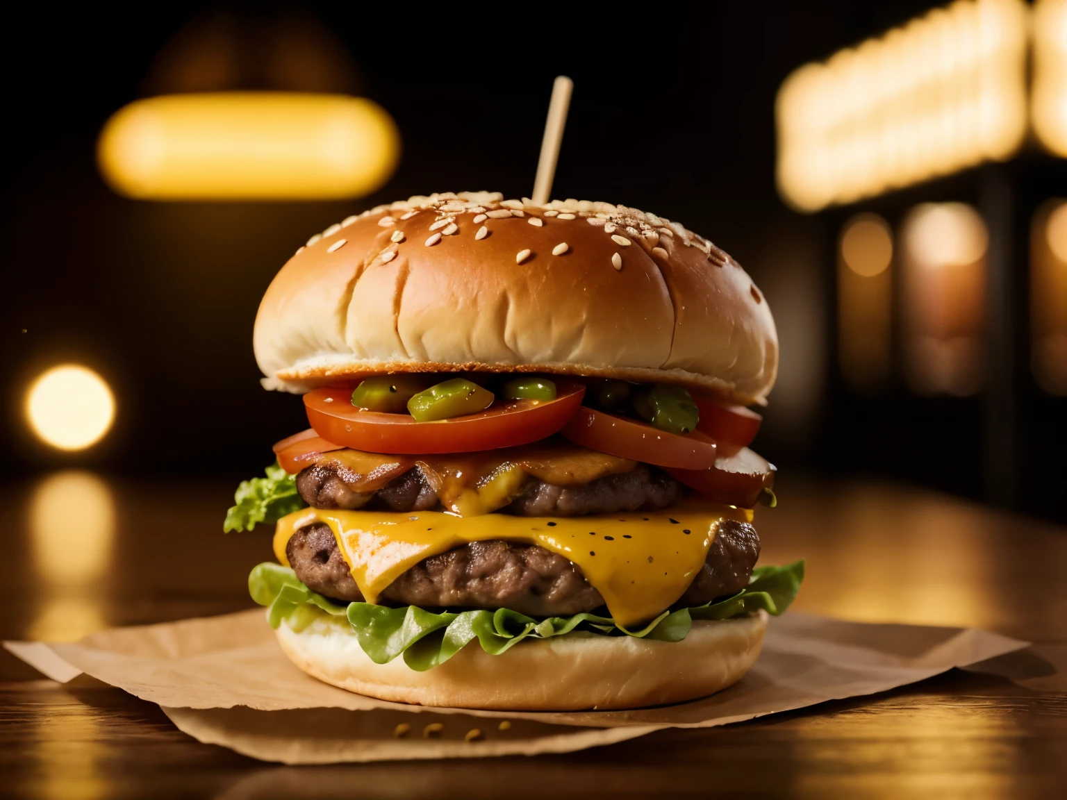 a delicious juicy hamburger, detailed photorealistic burger with cheese, lettuce, tomato, onion, buns, (best quality,4k,8k,highres,masterproject:1.2),ultra-detailed,(realistic,photorealistic,photo-realistic:1.37),HDR,UHD,studio lighting,vivid colors,appetizing,mouth-watering,tempting,commercial advertisement,dynamic composition,dramatic lighting,professional food photography