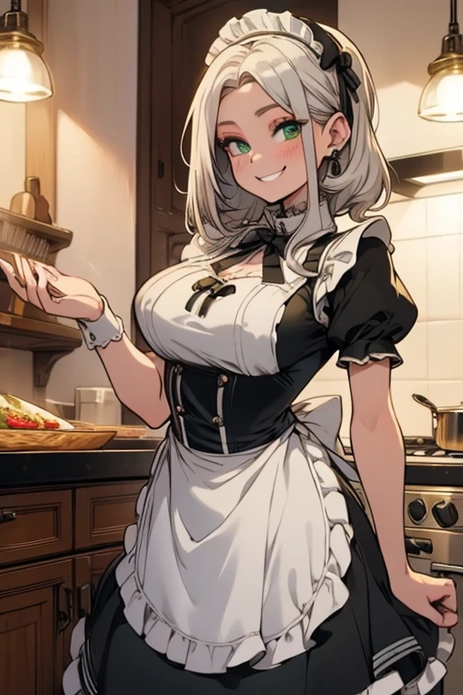 Perfect face. Perfect hands. A young silver haired woman with green eyes and an hourglass figure in a Lolita maid uniform is cooking in a fancy kitchen with a big smile