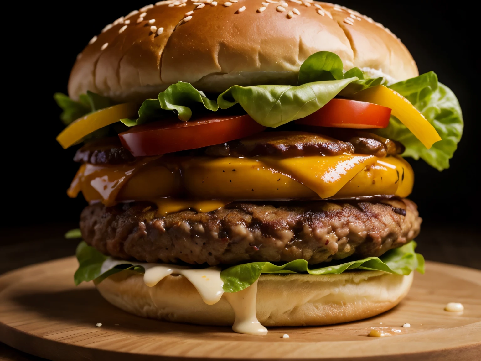 a delicious juicy hamburger, detailed photorealistic burger with cheese, lettuce, tomato, onion, buns, (best quality,4k,8k,highres,masterproject:1.2),ultra-detailed,(realistic,photorealistic,photo-realistic:1.37),HDR,UHD,studio lighting,vivid colors,appetizing,mouth-watering,tempting,commercial advertisement,dynamic composition,dramatic lighting,professional food photography